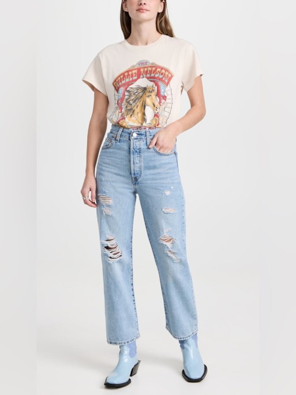 Levi’s Premium Ribcage Straight Ankle Jeans Distressed Blue Size 24